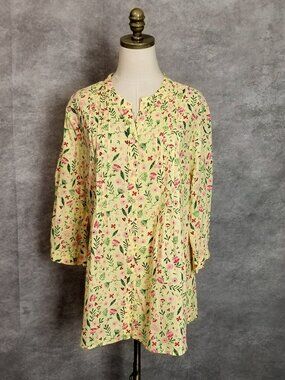Serengeti Pintuck Pleated Tunic Size L Yellow Cottagecore Floral 3/4 Sleeve